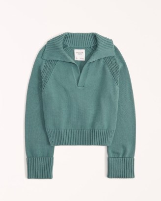 Abercrombie & Fitch Easy Cotton-Blend Notch-Neck Sweater in Teal ~ womens blue/green collared sweaters - flipped