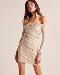 Abercrombie & Fitch Long-Sleeve Draped Off-The-Shoulder Mini Dress Light Brown – long sleeve bardot dresses – ruched evening fashion