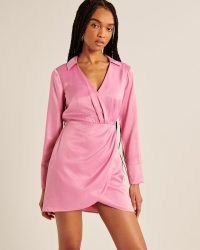 Abercrombie & Fitch Long-Sleeve Satin Drapey Shirt Dress ~ collared wrap style mini dresses