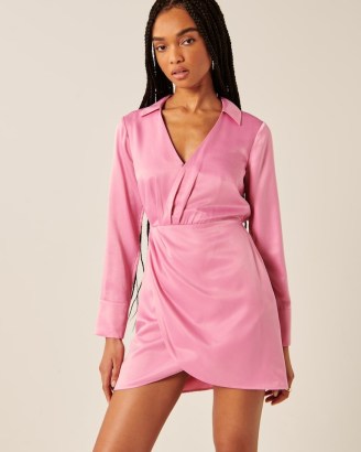 Abercrombie & Fitch Long-Sleeve Satin Drapey Shirt Dress ~ collared wrap style mini dresses - flipped