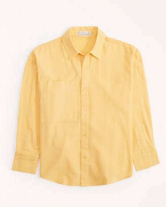 Abercrombie & Fitch Oversized Linen-Blend Shirt in Yellow – womens curved hem shirts - flipped