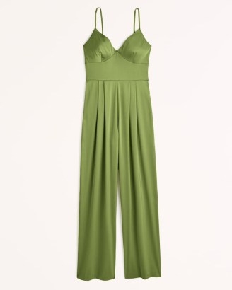 Abercrombie & Fitch Plunge Satin Jumpsuit Green ~ slinky strappy evening jumpsuits ~ skinny strap all-in-one occasion fashion - flipped
