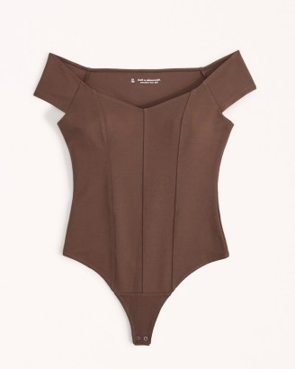 Abercrombie & Fitch Ponte Off-The-Shoulder Bodysuit in Dark Brown – womens seamed slim fit bardot bodysuits - flipped