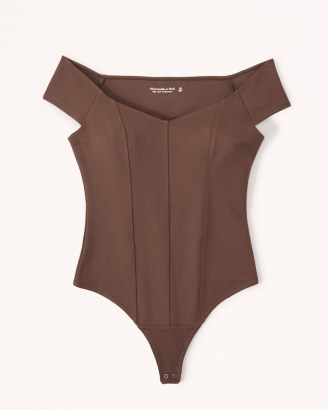 Abercrombie & Fitch Ponte Off-The-Shoulder Bodysuit in Dark Brown – womens seamed slim fit bardot bodysuits