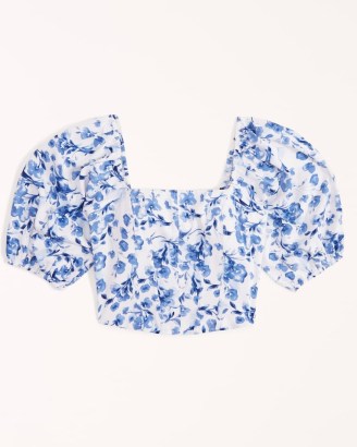 Puff Sleeve Corset Squareneck Top Blue Floral – fitted bodice crop tops in a soft matte satin fabric - flipped