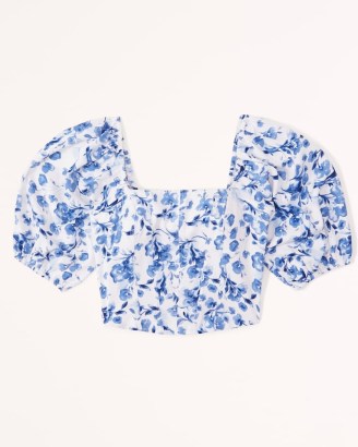 Puff Sleeve Corset Squareneck Top Blue Floral – fitted bodice crop tops in a soft matte satin fabric
