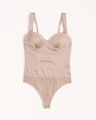Abercrombie & Fitch Satin Corset Bodysuit in Light Brown ~ sleeveless sweetheart neckline bodysuits ~ fitted bodice bustier style tops