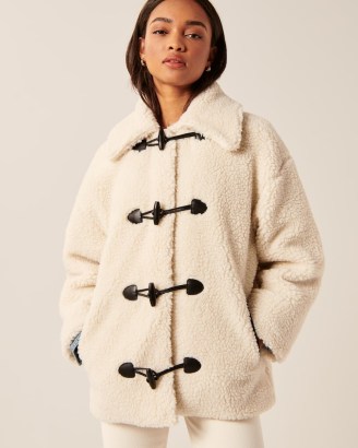 Abercrombie & Fitch Toggle Sherpa Coat in Cream / textured faux fur coats / womens fake shearling jackets - flipped