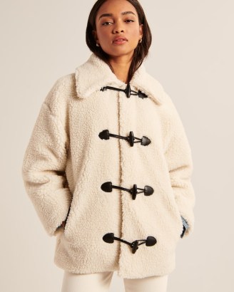Abercrombie & Fitch Toggle Sherpa Coat in Cream / textured faux fur coats / womens fake shearling jackets