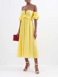 GIAMBATTISTA VALLI Off-the-shoulder silk-georgette midi dress in yellow – romantic ruffle trim puff sleeve bardot dresses – luxury occasion clothes