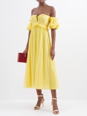 GIAMBATTISTA VALLI Off-the-shoulder silk-georgette midi dress in yellow – romantic ruffle trim puff sleeve bardot dresses – luxury occasion clothes