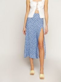 Reformation Zoe Skirt in Romi – blue drapy floral print midi skirts – thigh high slit hem