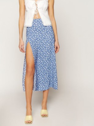Reformation Zoe Skirt in Romi – blue drapy floral print midi skirts – thigh high slit hem - flipped