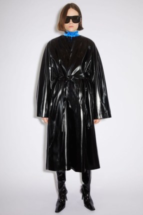 Acne Studios BELTED COAT in Black / shiny collarless tie waist coats / women’s designer clothes / womens outerwear - flipped
