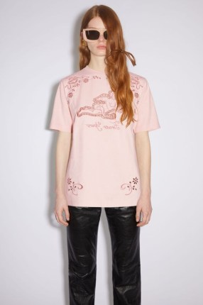 Acne Studios EMBROIDERED T-SHIRT in Powder pink / forever yours / organic cotton T-shirts / women’s slogan tee / womens casual tops - flipped