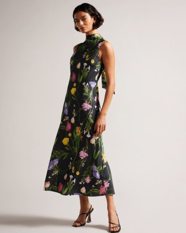 TED BAKER Addilin Cowl Neck Midi Slip Dress Black / sleeveless floral dresses / womens elegant occasion clothes