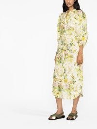 ALEMAIS Eden floral-print dress in yellow / women’s printed shirt dreses / curved hem / tie waist / front button fastening