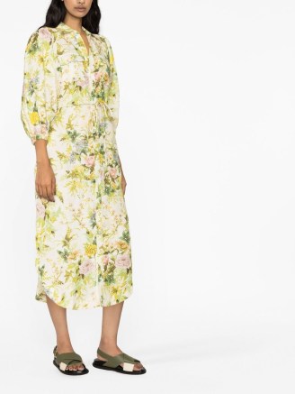 ALEMAIS Eden floral-print dress in yellow / women’s printed shirt dreses / curved hem / tie waist / front button fastening - flipped