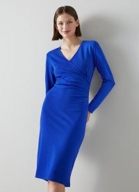 L.K. BENNETT Alex Blue Jersey Wrap Dress – long sleeve V-neck pencil dresses – side ruching – women’s wardrobe essentials – womens clothes