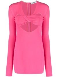 AMBUSH cut-out heart-shaped minidress in bubblegum pink – long sleeve cutout mini dress – fitted evening dresses – designer going out fashion