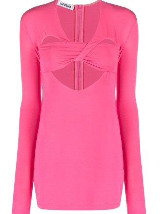 AMBUSH cut-out heart-shaped minidress in bubblegum pink – long sleeve cutout mini dress – fitted evening dresses – designer going out fashion - flipped