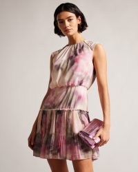 TED BAKER Amorita Blurred Floral Waisted Sleeveless Mini Dress in Coral / tiered occasion dresses