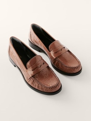 Reformation Ani Ruched Loafer in Toffee Patent ~ brown shiny crinkled leather loafers ~ women’s shoes