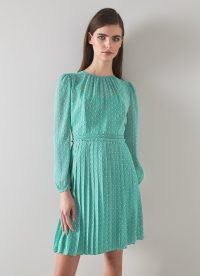 L.K. BENNETT Aria Green Recycled Polyester Graphic Diamond Print Pleated Dress – semi sheer long sleeve occasion dresses