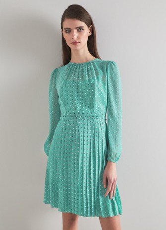 L.K. BENNETT Aria Green Recycled Polyester Graphic Diamond Print Pleated Dress – semi sheer long sleeve occasion dresses - flipped