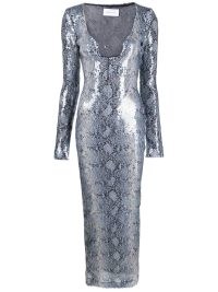 16Arlington Solaria snake-print sequinned dress in grey/blue / long sleeved sequin covered maxi dresses / women’s occasion clothes / womens luxury evening event clothing / luxe party fashion / animal prints