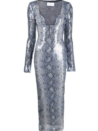 16Arlington Solaria snake-print sequinned dress in grey/blue / long sleeved sequin covered maxi dresses / women’s occasion clothes / womens luxury evening event clothing / luxe party fashion / animal prints