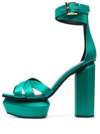 Balmain satin platform sandals in ocean green ~ block heel platforms ~ ankle strap shoes ~ women’s designer footwear