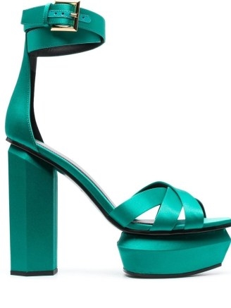 Balmain satin platform sandals in ocean green ~ block heel platforms ~ ankle strap shoes ~ women’s designer footwear - flipped