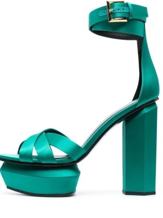 Balmain satin platform sandals in ocean green ~ block heel platforms ~ ankle strap shoes ~ women’s designer footwear