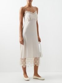 SIMONE ROCHA Lace-embroidered crepe de-Chine dress in beige / strappy floral trim slip dresses / cami shoulder strap fashion / vintage style clothing / empire waist / skinny straps