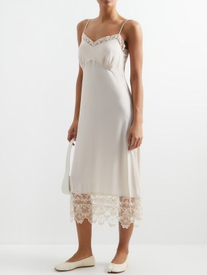SIMONE ROCHA Lace-embroidered crepe de-Chine dress in beige / strappy floral trim slip dresses / cami shoulder strap fashion / vintage style clothing / empire waist / skinny straps - flipped