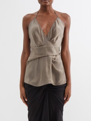 RICK OWENS Laura satin wrap top in beige / strappy mink plunge front evening tops / skinny halterneck straps / luxury occasion fashion - flipped
