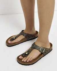 Birkenstock BLACK ANIMAL PRINT SANDALS / women’s buckled footbed sandal / womens toe post summer shoes / snake prints / river island footwear