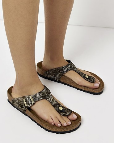 Birkenstock BLACK ANIMAL PRINT SANDALS / women’s buckled footbed sandal / womens toe post summer shoes / snake prints / river island footwear - flipped