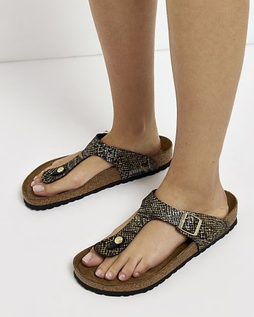 Birkenstock BLACK ANIMAL PRINT SANDALS / women’s buckled footbed sandal / womens toe post summer shoes / snake prints / river island footwear