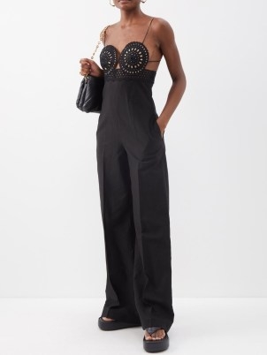 STELLA MCCARTNEY Broderie-anglaise bustier jumpsuit in black – strappy wide leg jumpsuits – womens designer occasion fashion – women’s luxury evening clothes – skinny shoulder straps - flipped