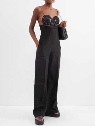 STELLA MCCARTNEY Broderie-anglaise bustier jumpsuit in black – strappy wide leg jumpsuits – womens designer occasion fashion – women’s luxury evening clothes – skinny shoulder straps