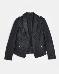 RIVER ISLAND BLACK FAUX LEATHER QUILTED BLAZER ~ women’s military style jackets