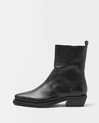 RIVER ISLAND BLACK LEATHER WESTERN ANKLE BOOTS ~ women’s cowboy style footwear