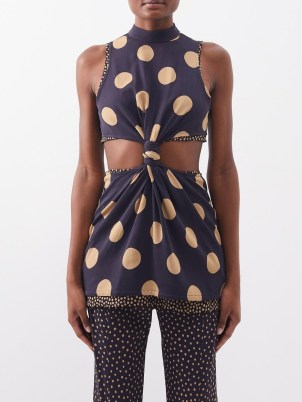 PROENZA SCHOULER Polka-dot cutout tank top in black / sleeveless front knot spot print tops / women’s designer fashion / womens knotted detail clothing / clothes with cut out details