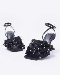 RIVER ISLAND BLACK RUFFLE HEELED SANDALS / faux pearl embellished shoes / ruffled ankle strap heels / women’s party footwear / square toe