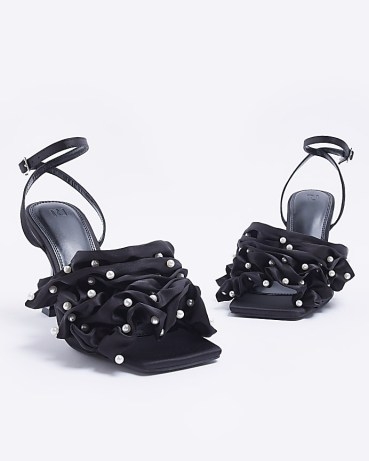 RIVER ISLAND BLACK RUFFLE HEELED SANDALS / faux pearl embellished shoes / ruffled ankle strap heels / women’s party footwear / square toe - flipped