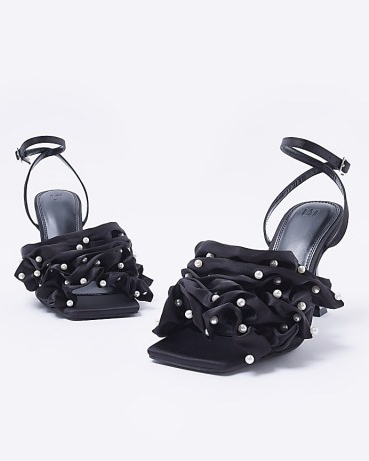 RIVER ISLAND BLACK RUFFLE HEELED SANDALS / faux pearl embellished shoes / ruffled ankle strap heels / women’s party footwear / square toe