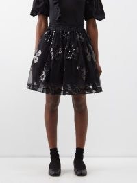 SIMONE ROCHA Sequinned tulle skirt in black – glittering sequin embellished sheer overlay skirts – floral fashion