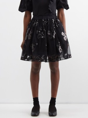 SIMONE ROCHA Sequinned tulle skirt in black – glittering sequin embellished sheer overlay skirts – floral fashion - flipped